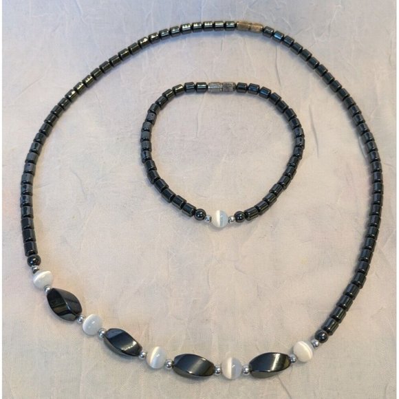 Hematite Beaded Necklace Matching Bracelet Black White Jewelry Stone Style Fun - Picture 8 of 8